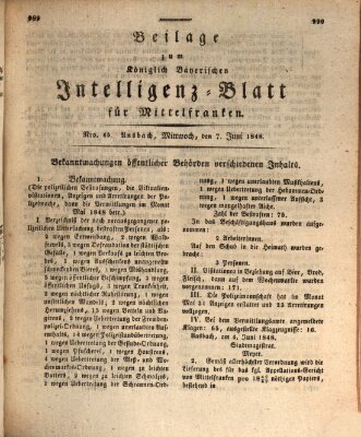 Königlich Bayerisches Intelligenzblatt für Mittelfranken (Ansbacher Intelligenz-Zeitung) Mittwoch 7. Juni 1848