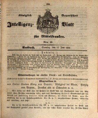 Königlich Bayerisches Intelligenzblatt für Mittelfranken (Ansbacher Intelligenz-Zeitung) Samstag 17. Juni 1848