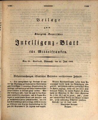 Königlich Bayerisches Intelligenzblatt für Mittelfranken (Ansbacher Intelligenz-Zeitung) Mittwoch 28. Juni 1848