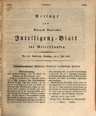 Königlich Bayerisches Intelligenzblatt für Mittelfranken (Ansbacher Intelligenz-Zeitung) Samstag 1. Juli 1848