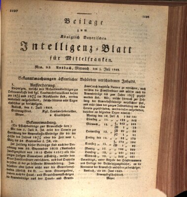 Königlich Bayerisches Intelligenzblatt für Mittelfranken (Ansbacher Intelligenz-Zeitung) Mittwoch 5. Juli 1848