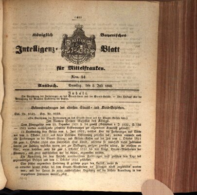 Königlich Bayerisches Intelligenzblatt für Mittelfranken (Ansbacher Intelligenz-Zeitung) Samstag 8. Juli 1848