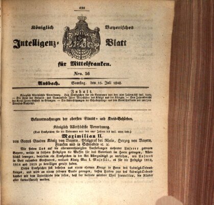 Königlich Bayerisches Intelligenzblatt für Mittelfranken (Ansbacher Intelligenz-Zeitung) Samstag 15. Juli 1848