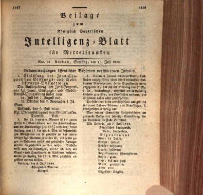 Königlich Bayerisches Intelligenzblatt für Mittelfranken (Ansbacher Intelligenz-Zeitung) Samstag 15. Juli 1848