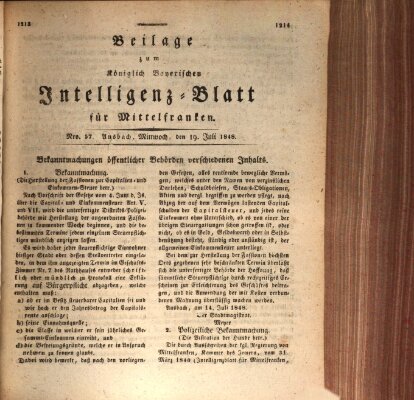 Königlich Bayerisches Intelligenzblatt für Mittelfranken (Ansbacher Intelligenz-Zeitung) Mittwoch 19. Juli 1848