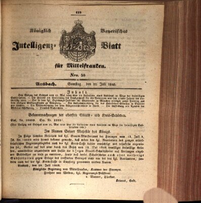 Königlich Bayerisches Intelligenzblatt für Mittelfranken (Ansbacher Intelligenz-Zeitung) Samstag 22. Juli 1848