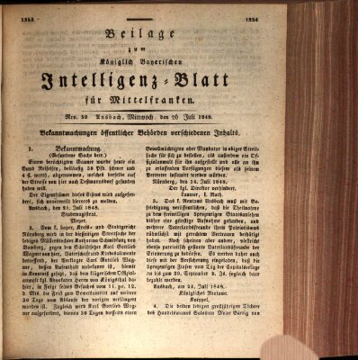 Königlich Bayerisches Intelligenzblatt für Mittelfranken (Ansbacher Intelligenz-Zeitung) Mittwoch 26. Juli 1848