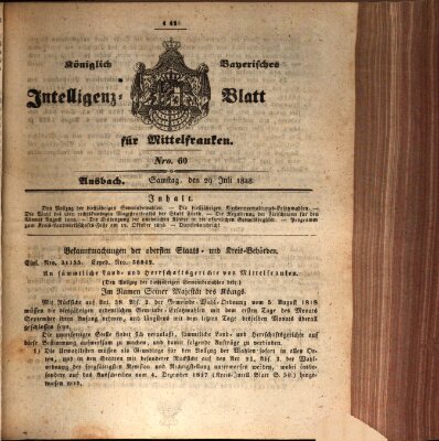 Königlich Bayerisches Intelligenzblatt für Mittelfranken (Ansbacher Intelligenz-Zeitung) Samstag 29. Juli 1848