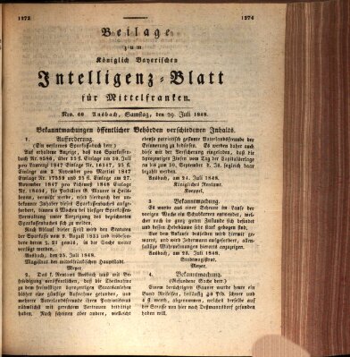 Königlich Bayerisches Intelligenzblatt für Mittelfranken (Ansbacher Intelligenz-Zeitung) Samstag 29. Juli 1848