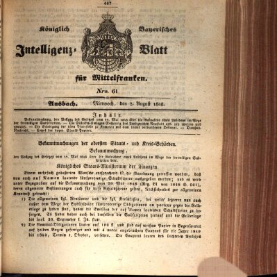 Königlich Bayerisches Intelligenzblatt für Mittelfranken (Ansbacher Intelligenz-Zeitung) Mittwoch 2. August 1848