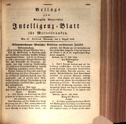 Königlich Bayerisches Intelligenzblatt für Mittelfranken (Ansbacher Intelligenz-Zeitung) Mittwoch 2. August 1848