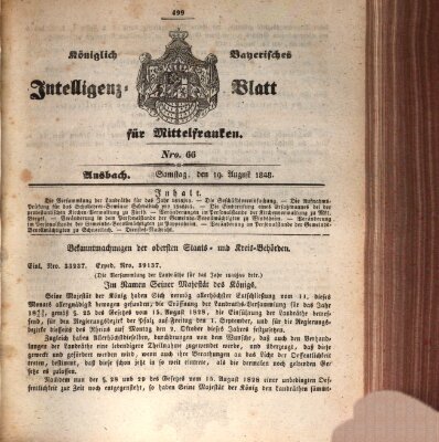 Königlich Bayerisches Intelligenzblatt für Mittelfranken (Ansbacher Intelligenz-Zeitung) Samstag 19. August 1848