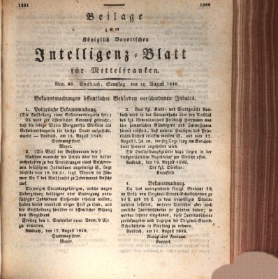 Königlich Bayerisches Intelligenzblatt für Mittelfranken (Ansbacher Intelligenz-Zeitung) Samstag 19. August 1848