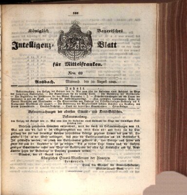 Königlich Bayerisches Intelligenzblatt für Mittelfranken (Ansbacher Intelligenz-Zeitung) Mittwoch 30. August 1848