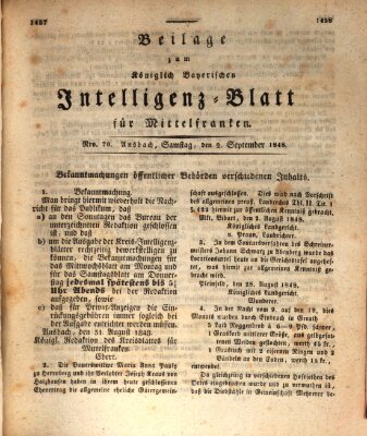 Königlich Bayerisches Intelligenzblatt für Mittelfranken (Ansbacher Intelligenz-Zeitung) Samstag 2. September 1848