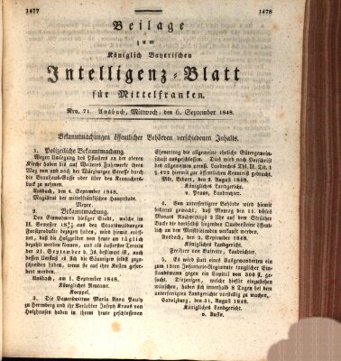 Königlich Bayerisches Intelligenzblatt für Mittelfranken (Ansbacher Intelligenz-Zeitung) Mittwoch 6. September 1848