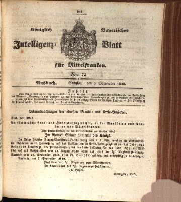 Königlich Bayerisches Intelligenzblatt für Mittelfranken (Ansbacher Intelligenz-Zeitung) Samstag 9. September 1848