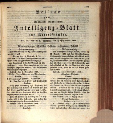 Königlich Bayerisches Intelligenzblatt für Mittelfranken (Ansbacher Intelligenz-Zeitung) Samstag 9. September 1848