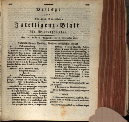 Königlich Bayerisches Intelligenzblatt für Mittelfranken (Ansbacher Intelligenz-Zeitung) Mittwoch 13. September 1848