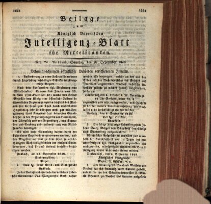 Königlich Bayerisches Intelligenzblatt für Mittelfranken (Ansbacher Intelligenz-Zeitung) Samstag 16. September 1848