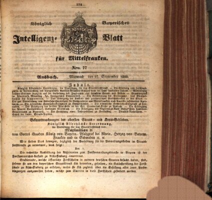 Königlich Bayerisches Intelligenzblatt für Mittelfranken (Ansbacher Intelligenz-Zeitung) Mittwoch 27. September 1848