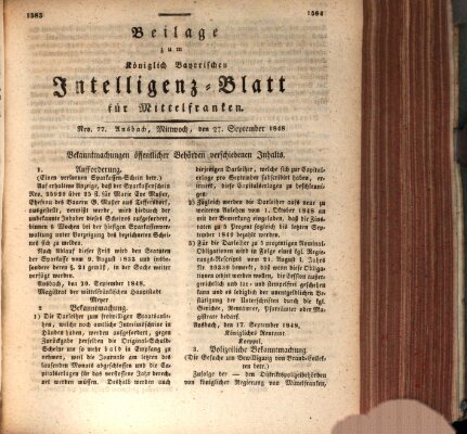 Königlich Bayerisches Intelligenzblatt für Mittelfranken (Ansbacher Intelligenz-Zeitung) Mittwoch 27. September 1848