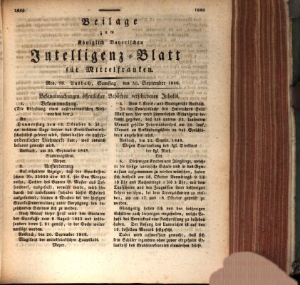 Königlich Bayerisches Intelligenzblatt für Mittelfranken (Ansbacher Intelligenz-Zeitung) Samstag 30. September 1848