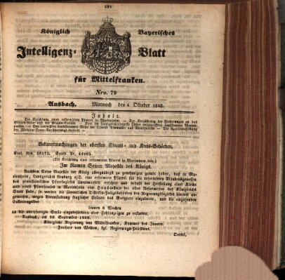 Königlich Bayerisches Intelligenzblatt für Mittelfranken (Ansbacher Intelligenz-Zeitung) Mittwoch 4. Oktober 1848