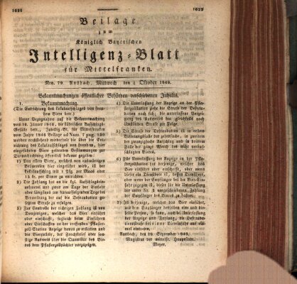 Königlich Bayerisches Intelligenzblatt für Mittelfranken (Ansbacher Intelligenz-Zeitung) Mittwoch 4. Oktober 1848