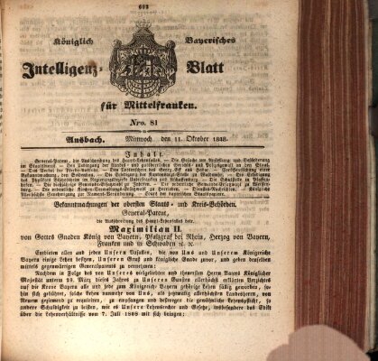 Königlich Bayerisches Intelligenzblatt für Mittelfranken (Ansbacher Intelligenz-Zeitung) Mittwoch 11. Oktober 1848