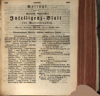 Königlich Bayerisches Intelligenzblatt für Mittelfranken (Ansbacher Intelligenz-Zeitung) Mittwoch 11. Oktober 1848