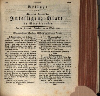 Königlich Bayerisches Intelligenzblatt für Mittelfranken (Ansbacher Intelligenz-Zeitung) Samstag 14. Oktober 1848