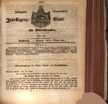 Königlich Bayerisches Intelligenzblatt für Mittelfranken (Ansbacher Intelligenz-Zeitung) Mittwoch 18. Oktober 1848