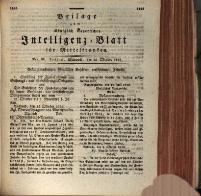 Königlich Bayerisches Intelligenzblatt für Mittelfranken (Ansbacher Intelligenz-Zeitung) Mittwoch 18. Oktober 1848