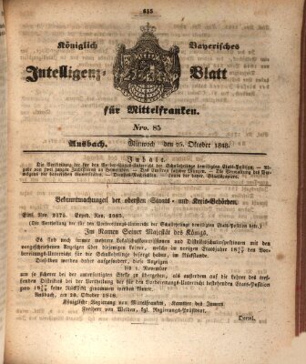 Königlich Bayerisches Intelligenzblatt für Mittelfranken (Ansbacher Intelligenz-Zeitung) Mittwoch 25. Oktober 1848