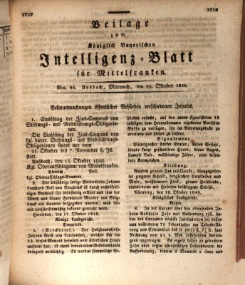 Königlich Bayerisches Intelligenzblatt für Mittelfranken (Ansbacher Intelligenz-Zeitung) Mittwoch 25. Oktober 1848