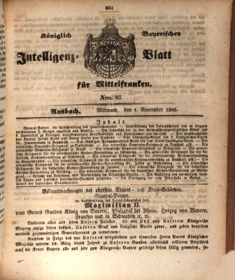 Königlich Bayerisches Intelligenzblatt für Mittelfranken (Ansbacher Intelligenz-Zeitung) Mittwoch 1. November 1848