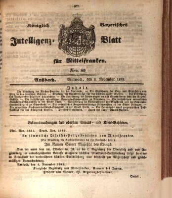 Königlich Bayerisches Intelligenzblatt für Mittelfranken (Ansbacher Intelligenz-Zeitung) Mittwoch 8. November 1848