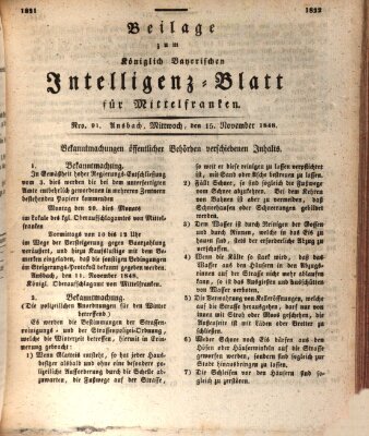 Königlich Bayerisches Intelligenzblatt für Mittelfranken (Ansbacher Intelligenz-Zeitung) Mittwoch 15. November 1848