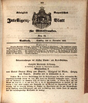 Königlich Bayerisches Intelligenzblatt für Mittelfranken (Ansbacher Intelligenz-Zeitung) Samstag 18. November 1848