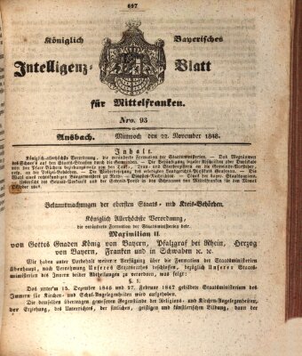 Königlich Bayerisches Intelligenzblatt für Mittelfranken (Ansbacher Intelligenz-Zeitung) Mittwoch 22. November 1848