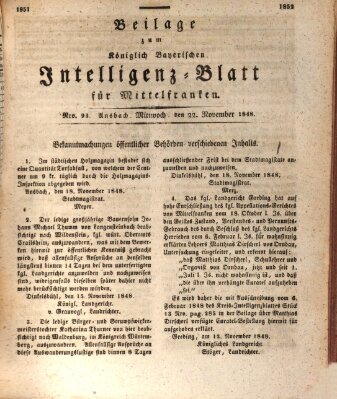 Königlich Bayerisches Intelligenzblatt für Mittelfranken (Ansbacher Intelligenz-Zeitung) Mittwoch 22. November 1848