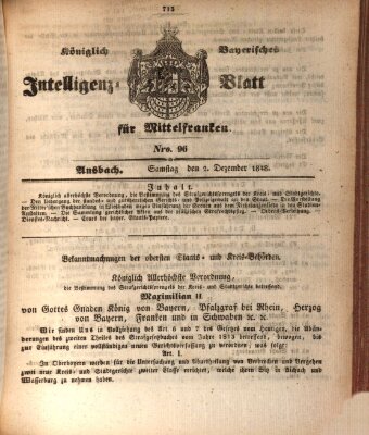 Königlich Bayerisches Intelligenzblatt für Mittelfranken (Ansbacher Intelligenz-Zeitung) Samstag 2. Dezember 1848