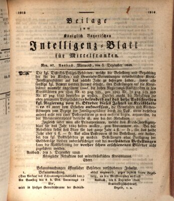 Königlich Bayerisches Intelligenzblatt für Mittelfranken (Ansbacher Intelligenz-Zeitung) Mittwoch 6. Dezember 1848