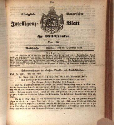 Königlich Bayerisches Intelligenzblatt für Mittelfranken (Ansbacher Intelligenz-Zeitung) Samstag 16. Dezember 1848