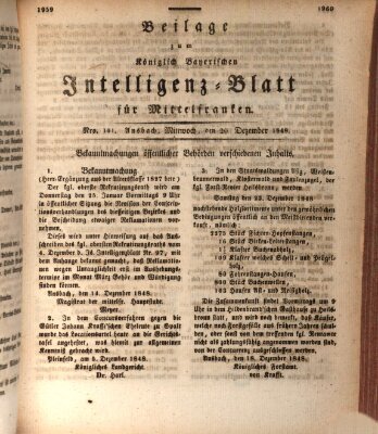 Königlich Bayerisches Intelligenzblatt für Mittelfranken (Ansbacher Intelligenz-Zeitung) Mittwoch 20. Dezember 1848