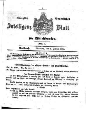 Königlich Bayerisches Intelligenzblatt für Mittelfranken (Ansbacher Intelligenz-Zeitung) Mittwoch 2. Januar 1850