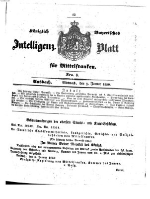 Königlich Bayerisches Intelligenzblatt für Mittelfranken (Ansbacher Intelligenz-Zeitung) Mittwoch 9. Januar 1850