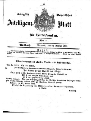 Königlich Bayerisches Intelligenzblatt für Mittelfranken (Ansbacher Intelligenz-Zeitung) Mittwoch 23. Januar 1850