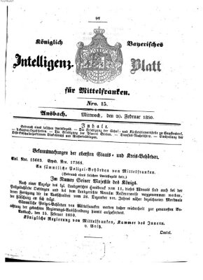 Königlich Bayerisches Intelligenzblatt für Mittelfranken (Ansbacher Intelligenz-Zeitung) Mittwoch 20. Februar 1850